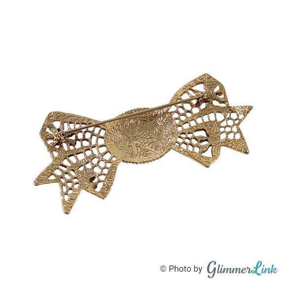 VTG 1928 Company Victorian Style Filigree Bow Floral Cabochon Gold Tone Brooch - Picture 7 of 8